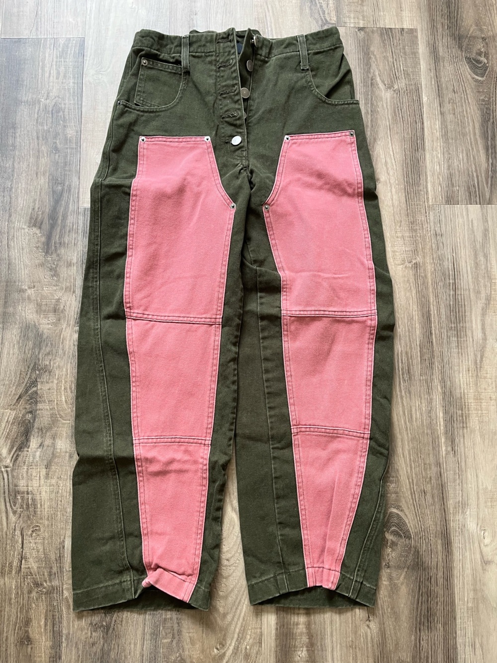 Rachel Comey Elkin Olive and Pink Color-Block Straight Leg Jeans